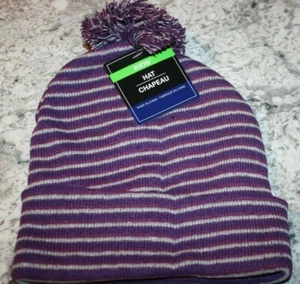 KID'S STRIPE KNIT WINTER POM POM HAT PURPLE/ WINE STRIPPED WARM NEW BOY'S GIRL'S - Picture 1 of 2