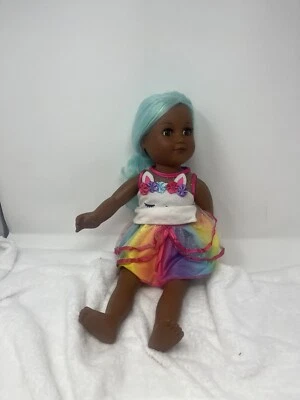 Кукла-девочка Cititoy 18 дюймов с бирюзовыми/мятными волосами карими глазами платье-единорог - Изображение 1 из 4