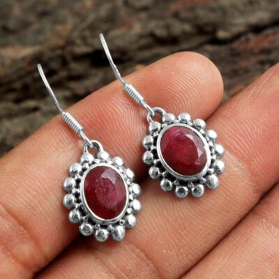 925 Sterling Silver Lab Created Ruby Gemstone handmade Designer Earring - Image 1 of 2