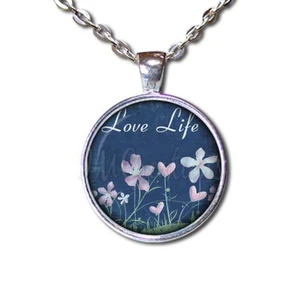 Love Life Floral Field in Blue - Handmade Round Glass Pendant Necklace - Picture 1 of 10