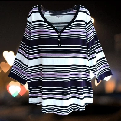 Croft & Barrow Womens Top Blouse Pullover 3/4 Sleeves Striped Cotton Size 2X - Image 1 of 4