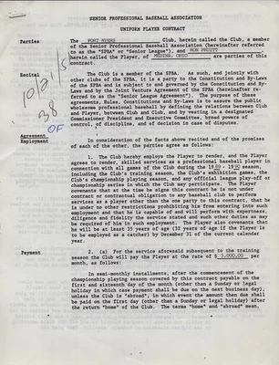 CURT FLOOD - CONTRATO FIRMADO 25/09/1989 CO-FIRMADO POR: RON PRUITT Foto 1 de 4