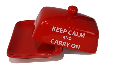 The Old Pottery Co Butter Keeper Dish Red Keep Calm and Carry On Double Sized - Image 1 of 4