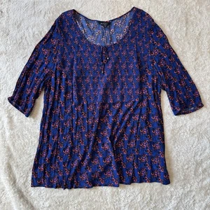 Ulla Popken Tunic Top Women’s 28/30 Blue Orange Smocked Drop Waist Tassel Tie - Picture 1 of 14