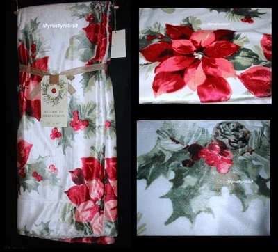 Plush Velvet Poinsettia Christmas Throw Blanket ~ Polyester 50 x 60 Reversible - Image 1 of 4