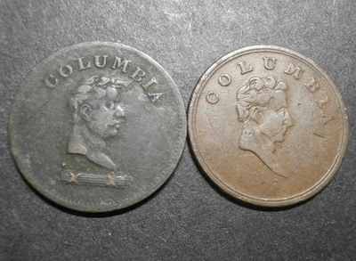 Farthing token x2 - Columbia bust with seated Britannia - 21.4mm max - Image 1 of 2