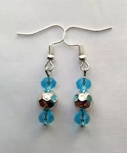 Silver Color Faceted Aqua Blue Crystal Beads Stick Earrings Handmade Boho Chic - Picture 1 of 6
