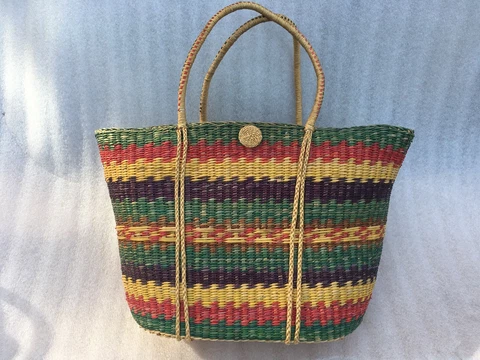 nice large Handwoven colored Sweet grass Shopping Basket w/ intricate Details Cover