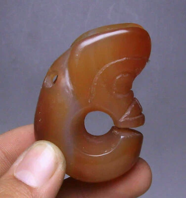 6CM ChinaHongshan Culture Agate Carve Yu Pig Long Dragon Hook Amulet Pendant - Image 1 of 4