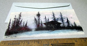 Alaska Feder & Tusche und Aquarell Kunstwerk Zeichnung, Karte & Umschlag, Hütte & Wald - Bild 1 von 3
