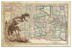 Vintage Oklahoma State Karte Kunstdruck Poster 11x17 Rodeo Stierreiten Wanddeko - Bild 1 von 1