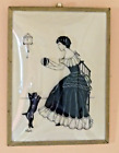 VTG Reverse Painted Art Lady With Dog And Ball Curved Glass Silhouette