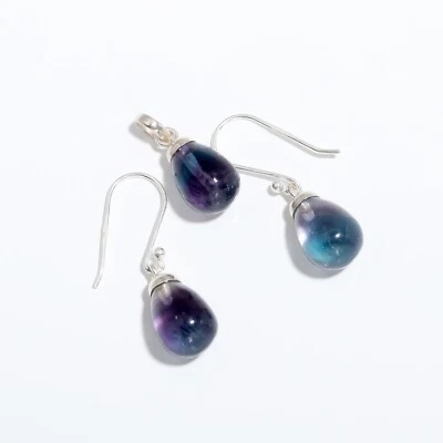 Pendientes colgantes y colgantes de pera de fluorita arco iris de plata de ley 925 joyería boho Foto 1 de 4