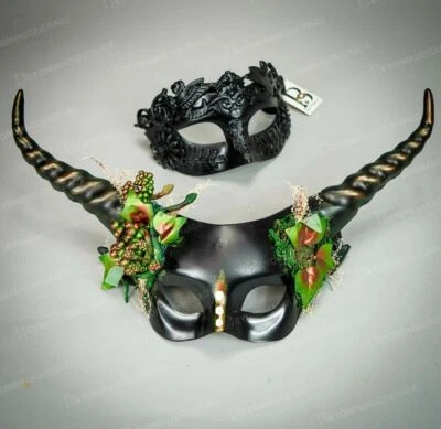 Parejas Mascarada Máscaras Halloween Mascarada Bola Máscaras Bosque Hada Cuerno Negro Foto 1 de 4