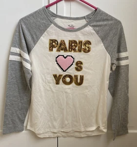 NWT, Justice Girls "Paris Loves You" White Long Sleeve T Shirt Top Sequin Sz 14 - Picture 1 of 3