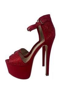 bebe original Red stilettos Platform heel w/ rhinestones anles strap sexy satin - Picture 1 of 9