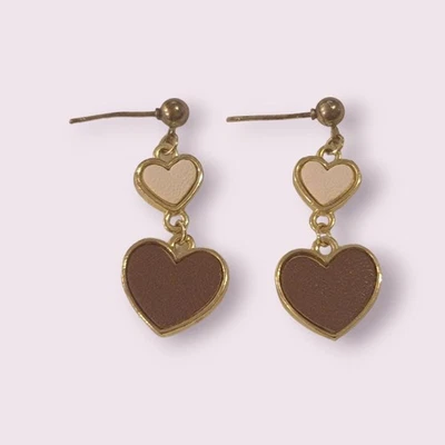 Faux Leather Heart Earrings Brown and Pink Post Gold Tone - Image 1 of 4