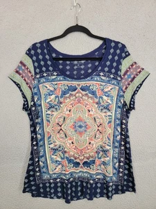 Lucky Brand Tunika T-Shirt Damen 1X Blau Kurzarm Boho Perserteppich *Defekt* - Bild 1 von 7