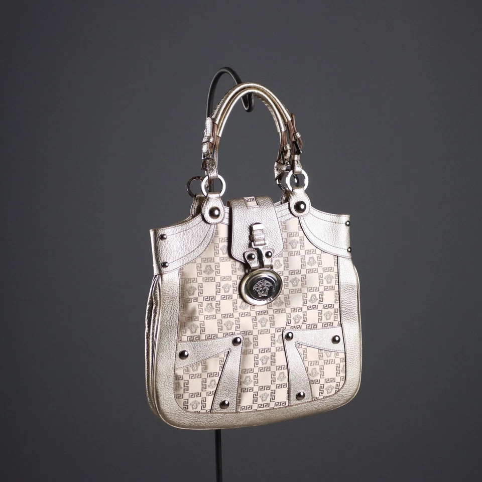 Versace Borsa Argento Vera Pelle Tessuto Medusa Italia Second Hand Originale - Immagine 1 di 4