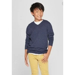 Cat & Jack Boys' Long Sleeve V-Neck Pullover Sweater Navy Heather XS(4/5) - Picture 1 of 2