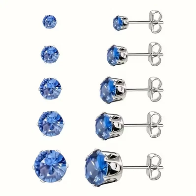 5 pares de pendientes solitarios de acero quirúrgico 316L azul circonita cúbica 3/4/5/6/8 mm para hombre y mujer Foto 1 de 4