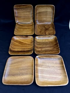 Set Of 8 Vintage 1960s MCM Monkey Pod Square Wood Plates 6x6 - Picture 1 of 9