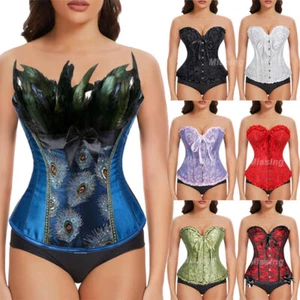 Women Boned Bustier Corsets Lace Up Overbust Burlesque Basque Costume Shaper - Picture 1 of 36
