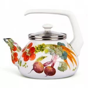 2.3-qt Vegetable Garden ENAMELED KETTLE Enamel Tea Pot Enamelware Kettle - Picture 1 of 8