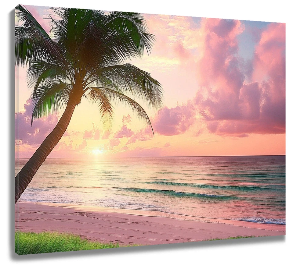 Tropical Nature Pink Sunset Ocean Beach Canvas Wall Art for Bathroom Living Room - Image 1 of 4