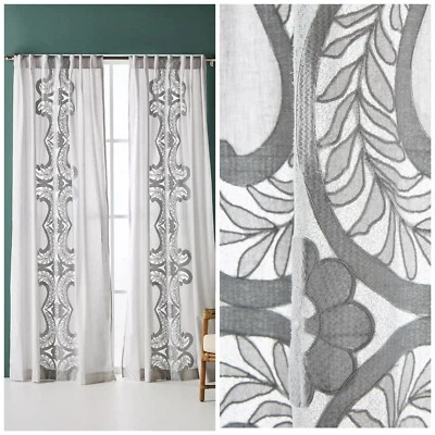"Panel de cortina Lacina de encaje bordado Anthropologie gris 96"" forrado algodón lino" Foto 1 de 4
