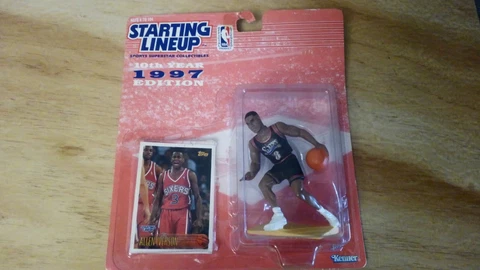 1997 Allen Iverson Starting Lineup w/rookie Topps card NEW Cover