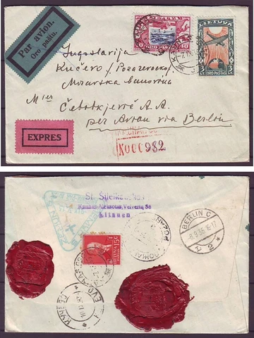 d3227/ Lithuania Sealed Airmail Expres Reg Cover via Germany t/Yugoslavia 1935 Cover