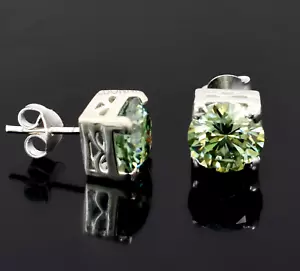 Certified 7.00Ct Green Diamond Solitaire Studs Silver, Great Luster & Shine - Picture 1 of 10
