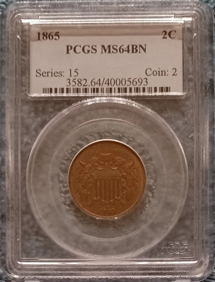 1865 Two Cents, PCGS MS-64 BN, Fancy 5, with significant red lustre - Image 1 of 4