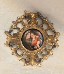 Antique 1800s Gold Polychrome Wood Frame Painted Porcelain Madonna & Child ITALY - Picture 1 of 12