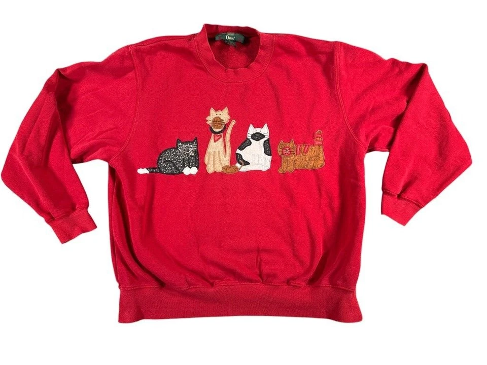 Винтажный Orvis толстовка женщин XL Cat красный вышитый пуловер США 90-х оранжевый - Изображение 1 из 4