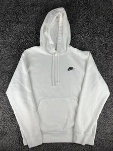 Nike White Hoodie Sweatshirt Mens Medium Black Logo (Light Stain) - Picture 1 of 12