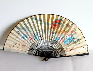 CHINE EVENTAIL ANCIEN - BOIS LAQUE NOIR - PEINT MAIN GOUACHE PAGODE XXe H:21cm - Picture 1 of 8