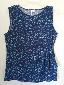 ELLE Women’s Blue Floral Sleeveless Blouse Top (Ties on Side) Large Tank Top - Picture 1 of 8