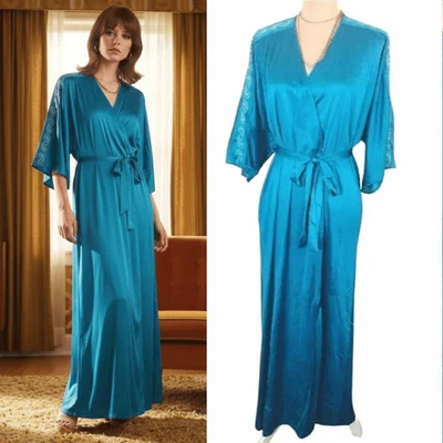 Maxi bata bordada de nailon verde azulado Vanity Fair años 70 de colección S RARA Foto 1 de 4