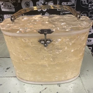 Lucite Vintage Tall Purse Carved Top Pearl Cover 1950s Handbag - Picture 1 of 15