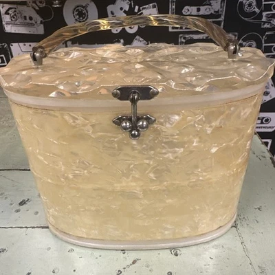 Lucite Vintage Tall Purse Carved Top Pearl Cover 1950s Handbag - Image 1 of 4