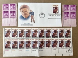 Lote de sellos Will Rogers 1948 bloques de placas de 3¢ MNH + 1979 bloque de 15¢ + FDC - Imagen 1 de 9