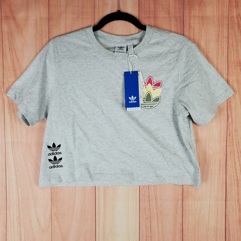 Adidas Originals Cropped T Shirt Womens M Heather Gray Trefoil Logo Relaxed Fit