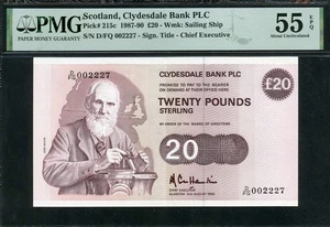 Scozia 1987-1990 20 sterline P215c Clydesdale Bank PLC PMG 55 EPQ AUNC - Foto 1 di 2