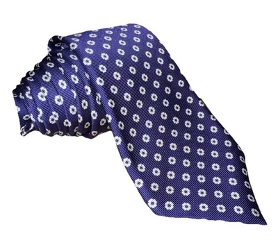 Kiton Napoli 男式紫色带白色花朵踏板丝绸斜纹七折 62 英寸长领带 — 第 1/4 张图片