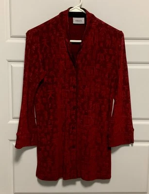 CHICO’S Travelers Red/Black Oriental Slinky Button Up Jacket Women’s Sz 0 - Image 1 of 4