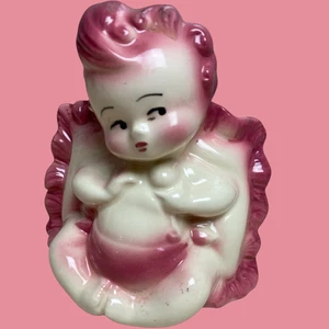 VTG Hull Pottery #92 Baby Girl Cherub Planter Pink Cream Angel USA Nursery Art - Picture 1 of 6