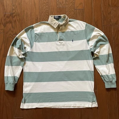 De Colección Años 90 Polo Ralph Lauren Manga Larga Rugby Camisa Verde Crema Rayas EE. UU. Para Hombres M Foto 1 de 4