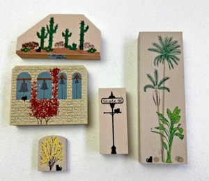 Cats Meow Wood Building Lot of 5 Flora Fauna Trees Cactus Palm Street Sign Bells - Picture 1 of 13